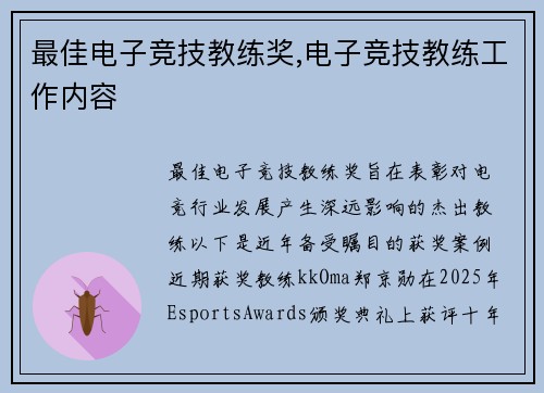 最佳电子竞技教练奖,电子竞技教练工作内容